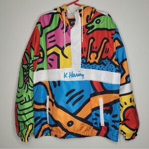 Members Only x Keith Haring colorful graffiti zip front hooded windbreaker XL